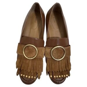 Chloé Olly Fringed Suede Leather Loafer Slip On Gold Grommet Brown Size 38/8 US